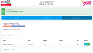 Screenshot of Lumieos Team Event Registration Interface